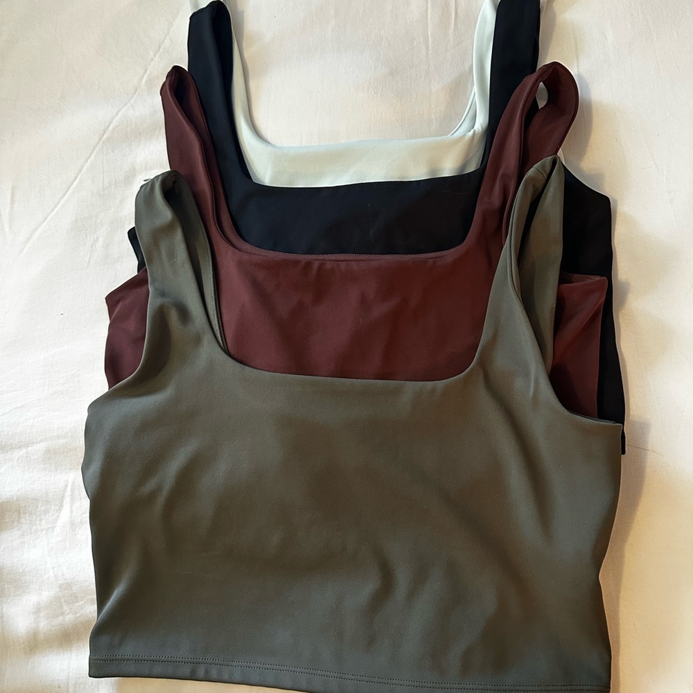 Express Contour Crop Square Neck Tanks (Pack 4) - Black, Light/Dark Green, Red